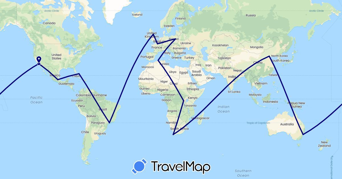 TravelMap itinerary: driving in Australia, Brazil, Bahamas, Democratic Republic of the Congo, China, Germany, Algeria, France, United Kingdom, Mexico, Poland, United States, South Africa (Africa, Asia, Europe, North America, Oceania, South America)